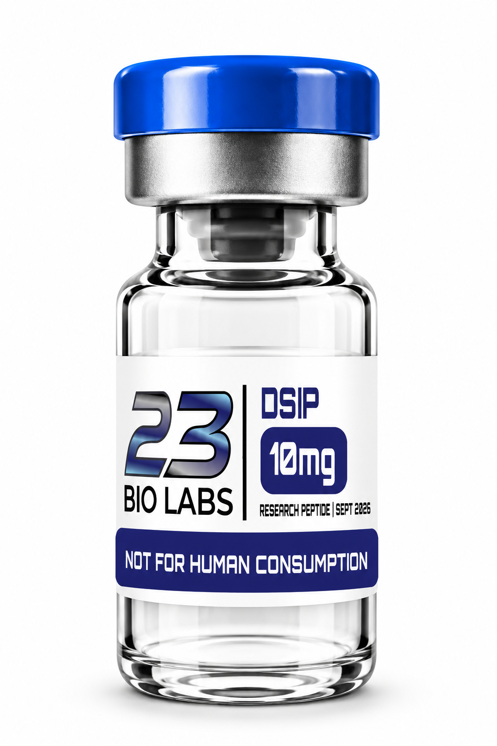 A clear glass vial with a blue cap and a white label reading '23 BIO LABS', 'DSIP 10mg', and 'NOT FOR HUMAN CONSUMPTION', shown on a white background.