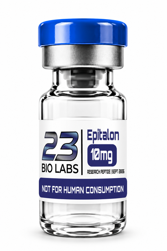 A clear glass vial with a blue cap and a white label reading '23 Bio Labs Epitalon 10mg' and 'NOT FOR HUMAN CONSUMPTION', shown on a white background.