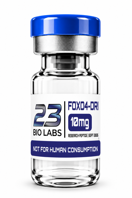 A clear glass vial with a metallic silver crimp and a bright blue cap, featuring a white label with blue and gray text. The label reads '23 BIO LABS', 'FOX04-DRI', '10mg', and 'NOT FOR HUMAN CONSUMPTION'.