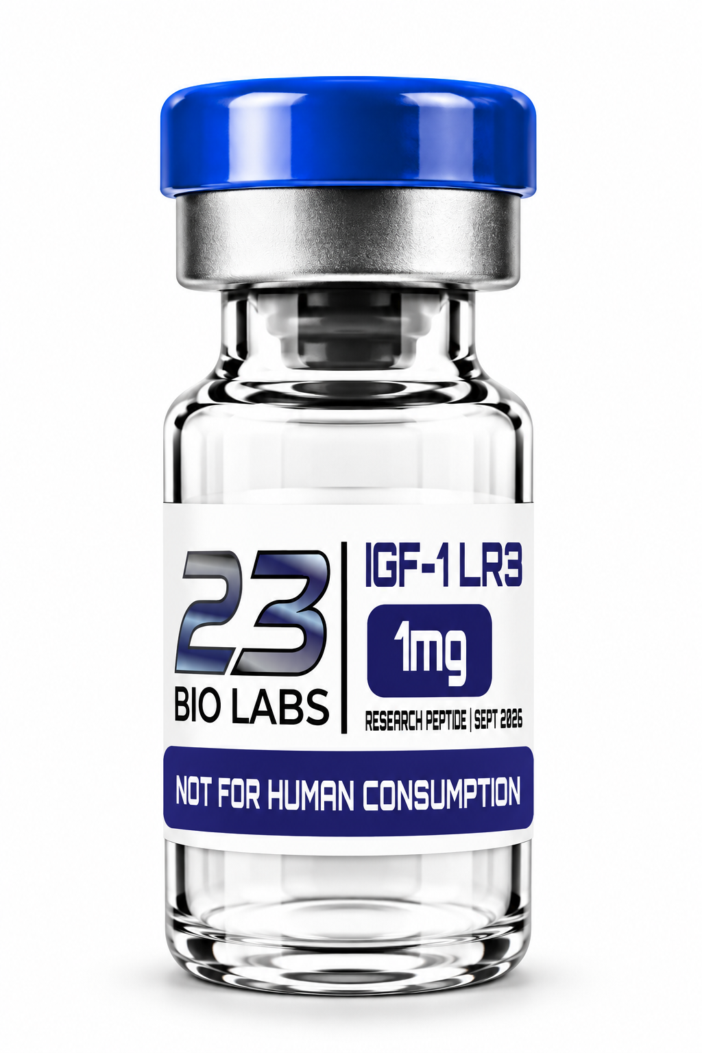 A clear glass vial with a blue cap and a white label reading '23 BIO LABS', 'IGF-1 LR3', '1mg', and 'NOT FOR HUMAN CONSUMPTION', shown on a white background.
