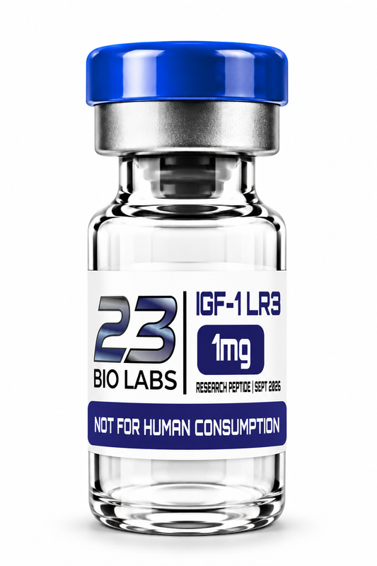 A clear glass vial with a blue cap and a white label reading '23 BIO LABS', 'IGF-1 LR3', '1mg', and 'NOT FOR HUMAN CONSUMPTION', shown on a white background.