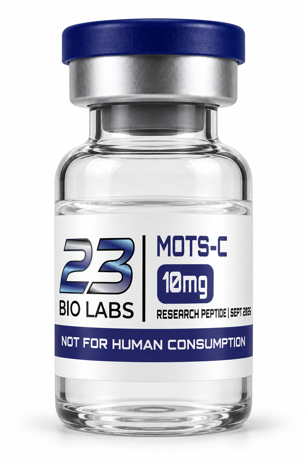 A clear glass vial with a blue cap and a white label reading '23 BIO LABS', 'MOTS-C', '10mg', and 'NOT FOR HUMAN CONSUMPTION', shown on a white background.