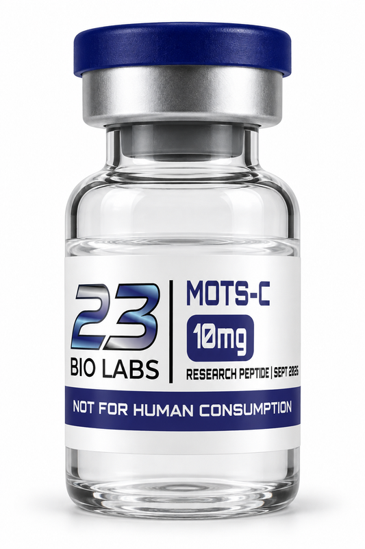 A clear glass vial with a blue cap and a white label reading '23 BIO LABS', 'MOTS-C', '10mg', and 'NOT FOR HUMAN CONSUMPTION', shown on a white background.