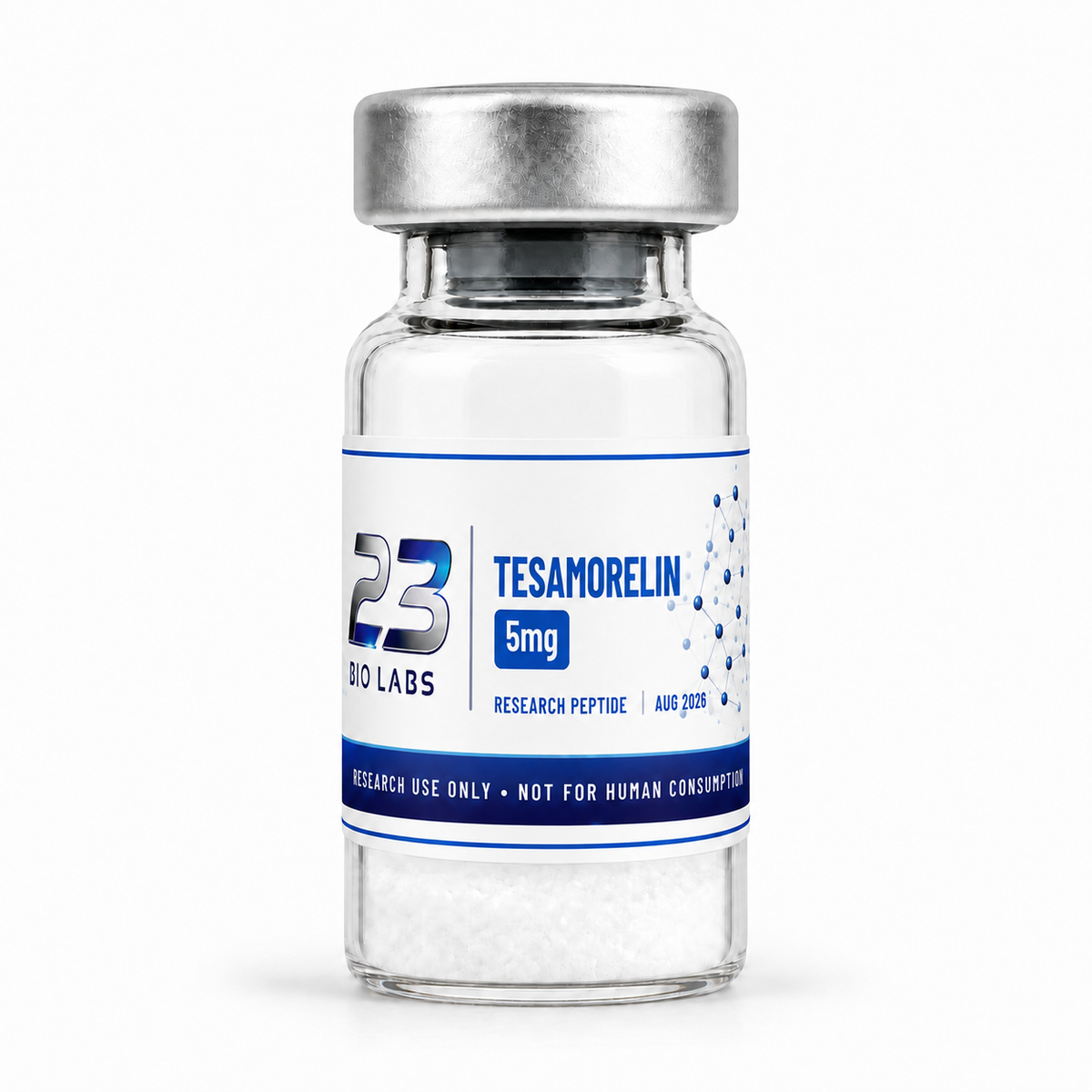 Tesamorelin 5 mg research peptide vial by 23 Bio Labs