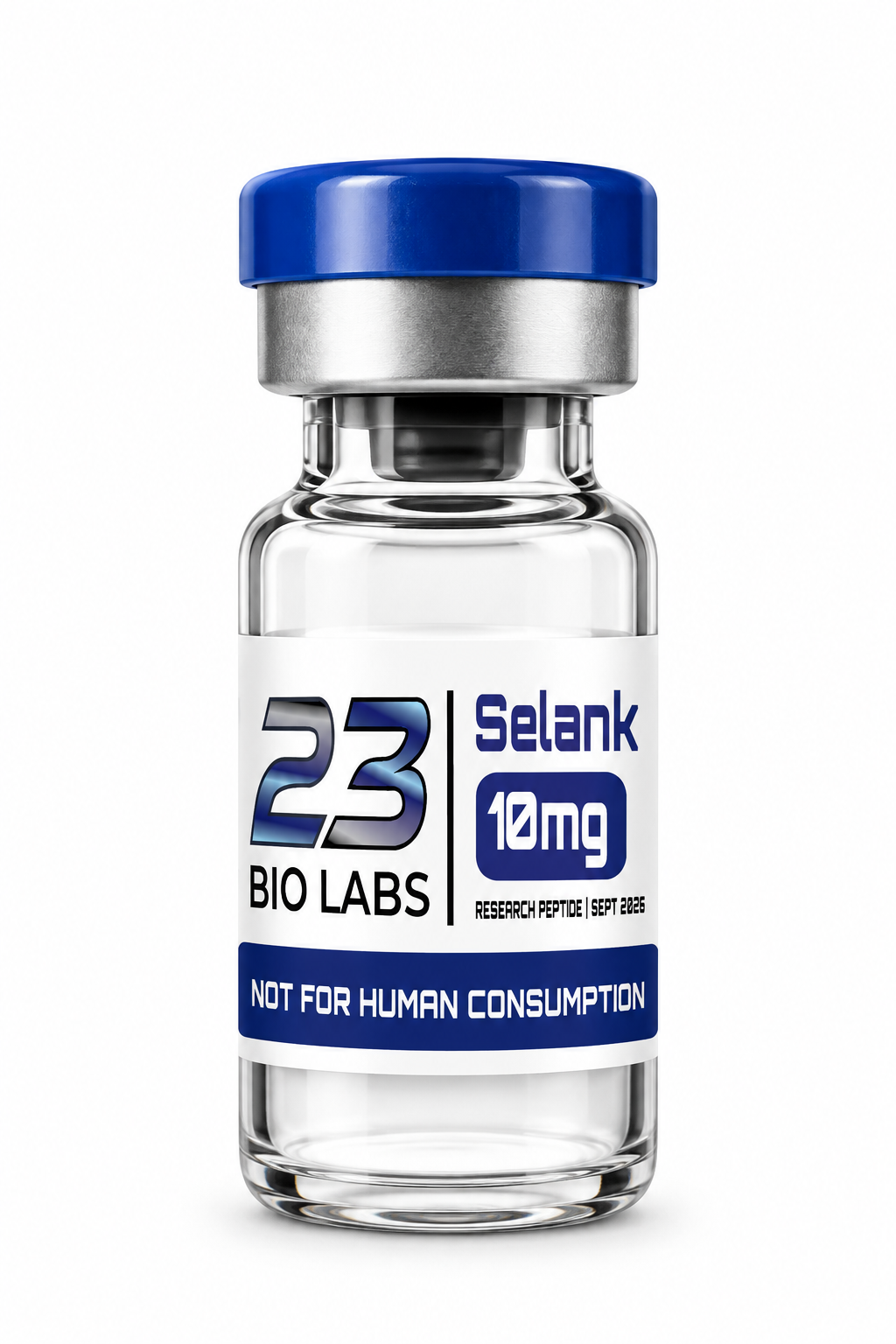 A clear glass vial with a blue cap and a white label reading '23 Bio Labs | Selank 10mg', shown on a plain white background.